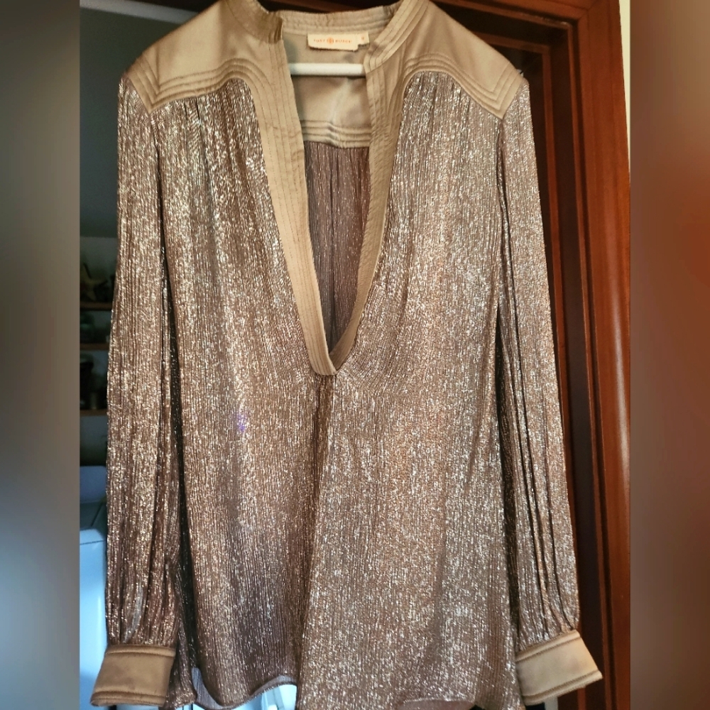 Tory Burch Gold Sequin Long Sleeve Blouse.